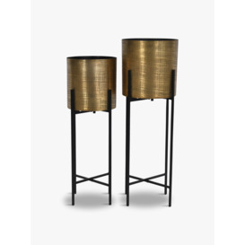 Libra Interiors Clyde Floor Standing Brass Set of 2 Planters on Black Stands Multi