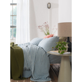 Piglet in Bed Gingham Linen Flat Sheet - Size Double Blue - thumbnail 1