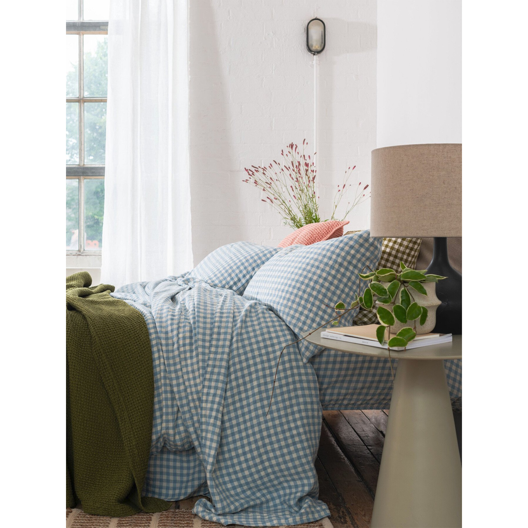 Piglet in Bed Gingham Linen Flat Sheet - Size King Blue - image 1