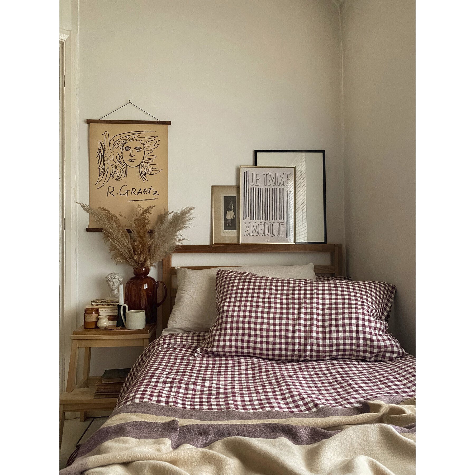 Piglet in Bed Gingham Linen Duvet Cover - Size Super King Burgundy - image 1