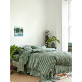 Piglet in Bed Pembroke Stripe Linen Flat Sheet - Size Double Green - thumbnail 1