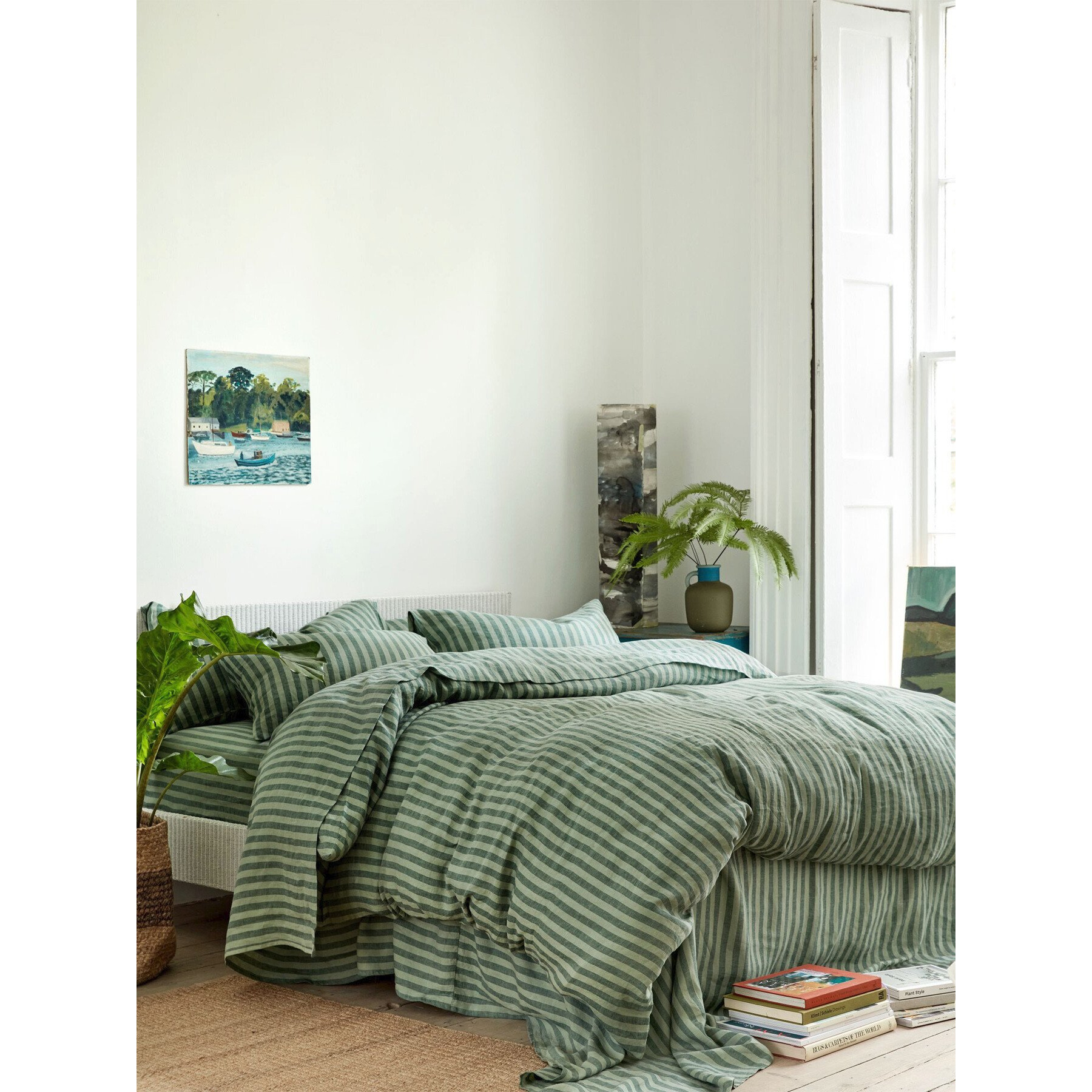 Piglet in Bed Pembroke Stripe Linen Flat Sheet - Size King Green - image 1