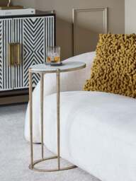 Libra Interiors Iota Oval Accent Table White Banswara Marble Aged Champagne in White Banswara Aged Champagane, Wood/Metal - thumbnail 2