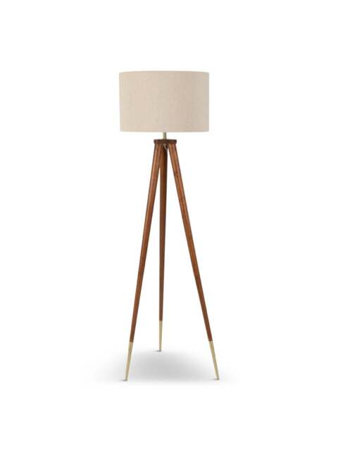 Heal's Hawkins Wooden Tripod Floor Lamp With Shade in Brown, Linen