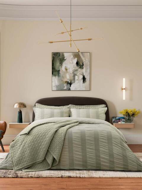 Bedeck of Belfast Woven Waffle Stripe Duvet Cover Set in Sage Green, Cotton, Size Double - image 1