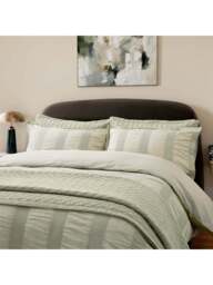 Bedeck of Belfast Woven Waffle Stripe Duvet Cover Set in Sage Green, Cotton, Size Double - thumbnail 2