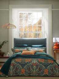 Morris & Co Honeysuckle And Tulip Heritage Duvet Cover Set in Mulberry/Teal, Cotton/Linen, Size Single - thumbnail 1