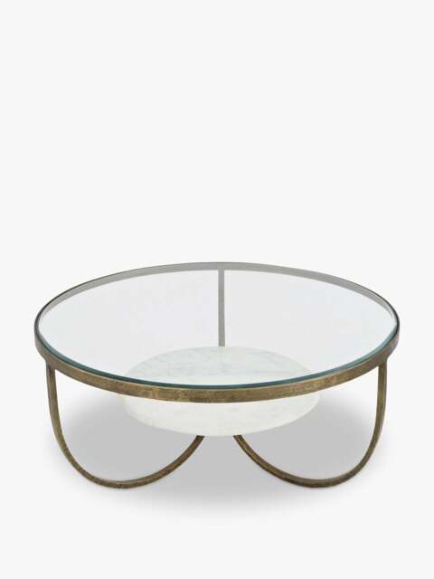 Libra Interiors Nolita White Marble And Antique Coffee Table in Gold Iron, Size 41x91x91