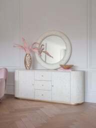 Libra Interiors Aspen Bone Inlay Round Mirror 100Cm in White, Size 100x100x6 - thumbnail 3