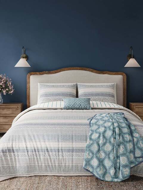 Helena Springfield Folk Stripe Cover Set in Blue/Teal, Cotton, Size Superking