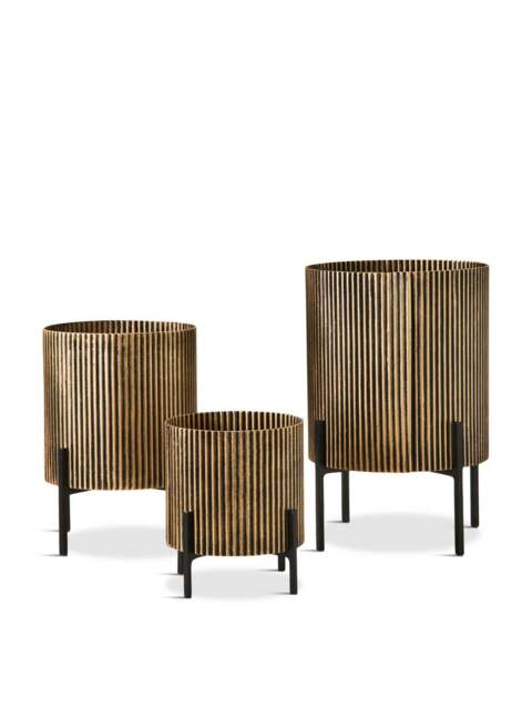 Libra Interiors (Set Of 3) Corrugated Table Planter Black/Gold, Size 19x25x19cm