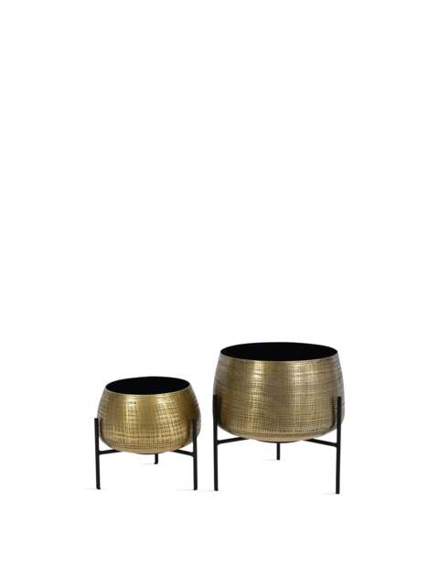 Libra Interiors Clyde Brass Planters On Stands Set Of Two in Black, Wood/Metal, Size One - image 1