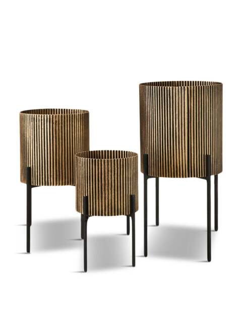 Libra Interiors (Set Of 3) Corrugated Floor Planter in Antique Gold Ebony, Size 34x56x34cm