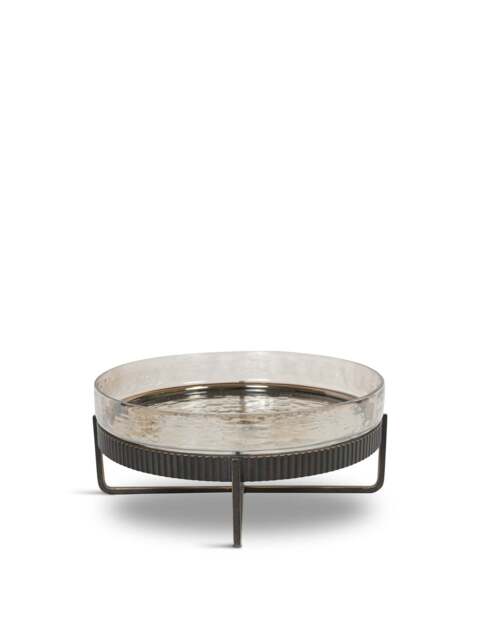 Libra Interiors Beresford Glass Platter On Stand in Gilded Oak Wood Copper Brown Luster, Wood/Metal - image 1