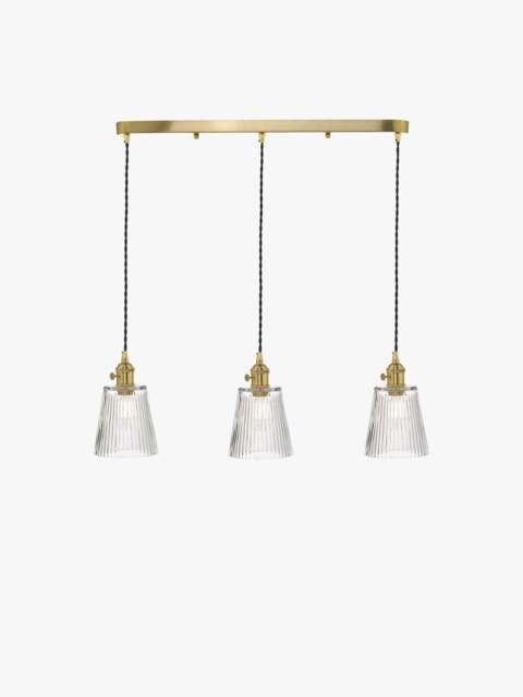 Dar Lighting Hadano 3 Light Brass Suspension With Ribbed Glass Shades in Natural Solid Brass