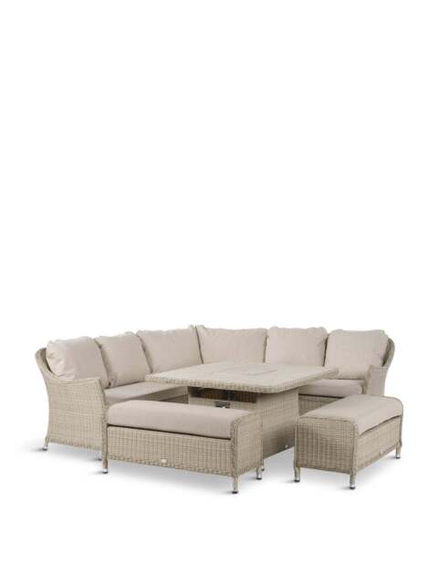 Bramblecrest Monterey Square Sofa Set With Ceramic Firepit Table & 2 Benches Sandstone