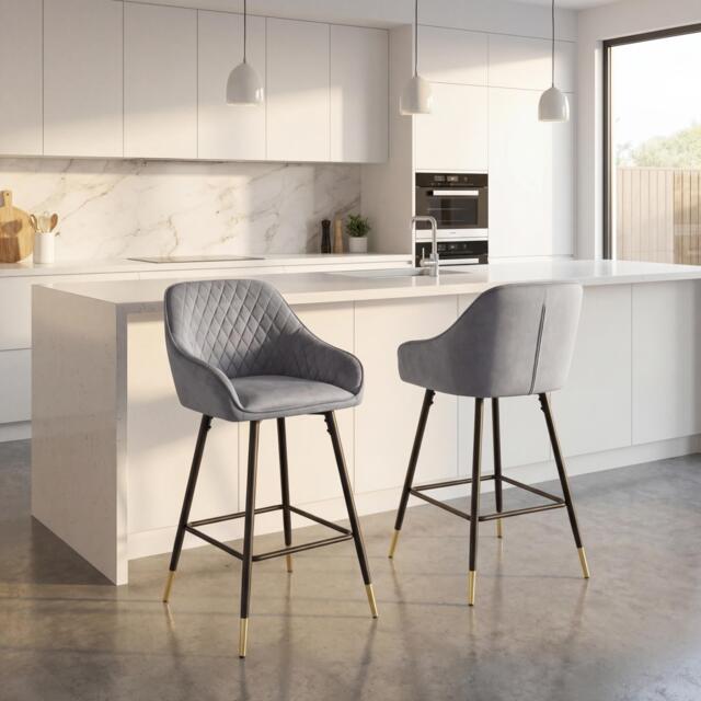 Shankar Set of 2 Savanna Brushed Velvet Grey Bar Stools - image 1
