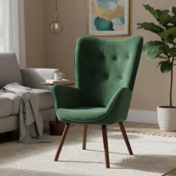 Jack Wills Velvet Accent Chair with Arms – Green Wingback Armchair with Button Tufted Backrest and Wood Legs