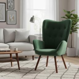 Jack Wills Velvet Accent Chair with Arms – Green Wingback Armchair with Button Tufted Backrest and Wood Legs - thumbnail 2