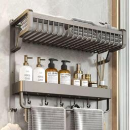 LIFE IDEAS Bathroom Wall Shelf with Towel Bar and Hooks - thumbnail 1