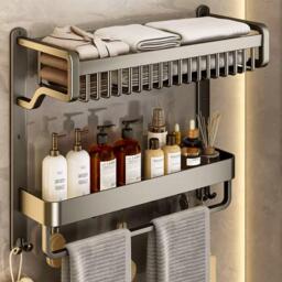 LIFE IDEAS Bathroom Wall Shelf with Towel Bar and Hooks - thumbnail 2