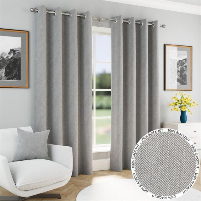 Enhanced Living Chester Grey 100% Blackout Herringbone Curtains - image 1