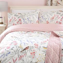 Dreams and Drapes Caraway Garden Birds Print Duvet Cover Set in Pink - thumbnail 2