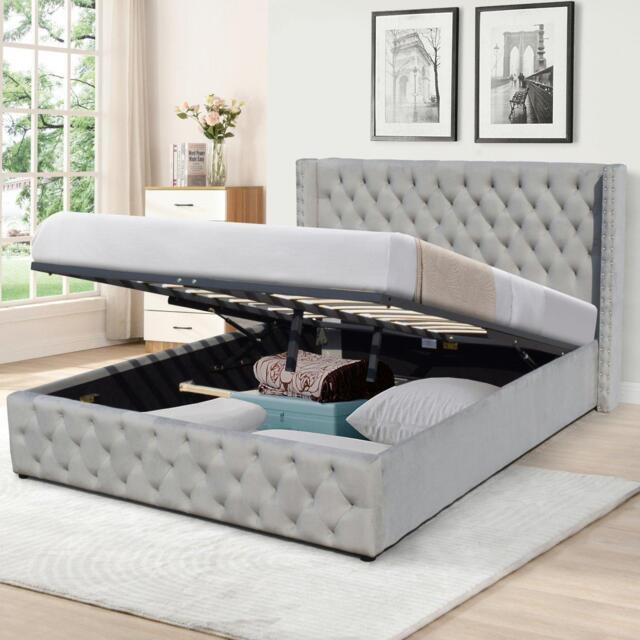 Comfy Living Winged Plush Velvet Gas Lift Bed with Mattress