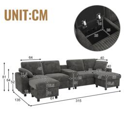 Urban Meuble Corduroy Sectional Sofa with Storage Ottomans - thumbnail 6