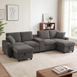 Urban Meuble Corduroy Sectional Sofa with Storage Ottomans