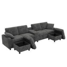 Urban Meuble Corduroy Sectional Sofa with Storage Ottomans - thumbnail 7