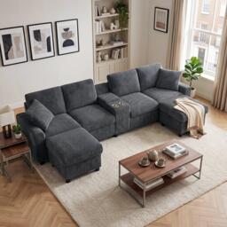 Urban Meuble Corduroy Sectional Sofa with Storage Ottomans - thumbnail 3