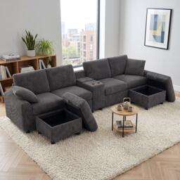 Urban Meuble Corduroy Sectional Sofa with Storage Ottomans - thumbnail 4