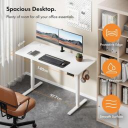 VonHaus White Standing Desk 140x60cm with USB-C Charging - thumbnail 2