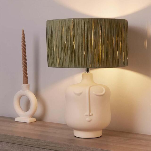 Lighting Collection Unisex Face Sage Green Raffia Cream Ceramic Table Lamp - image 1