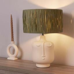 Lighting Collection Unisex Face Sage Green Raffia Cream Ceramic Table Lamp - thumbnail 1