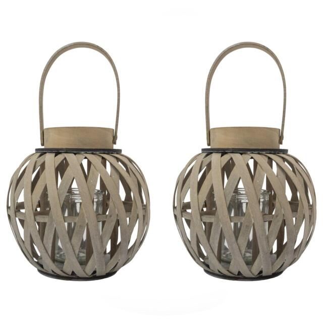 JVL Luna Natural Round Wood Lantern With Handle - - image 1