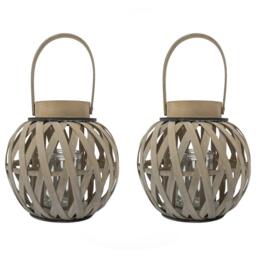 JVL Luna Natural Round Wood Lantern With Handle -
