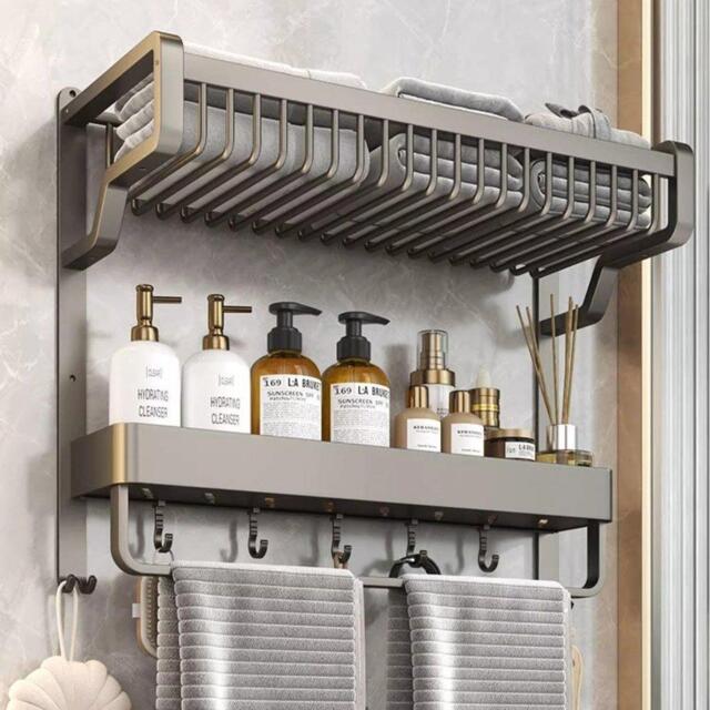LIFE IDEAS Bathroom Wall Shelf with Towel Bar and Hooks - image 1