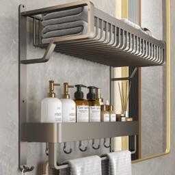 LIFE IDEAS Bathroom Wall Shelf with Towel Bar and Hooks - thumbnail 2