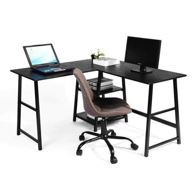 FurnitureR DROGBA Black and Wooden L-shaped Desk with 2 shelves - image 1