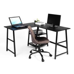 FurnitureR DROGBA Black and Wooden L-shaped Desk with 2 shelves - thumbnail 1
