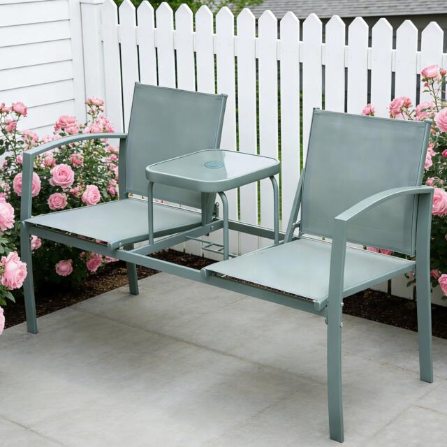 Linea Double Seat Glass Top Table Metal Frame Garden Bench - image 1