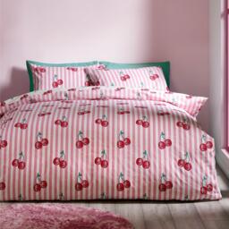 Catherine Lansfield Disco Cherries Stripes Reversible Duvet Cover Set