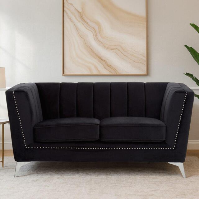 Interiors by Premier Hansa Two Seat Black Velvet Sofa - image 1