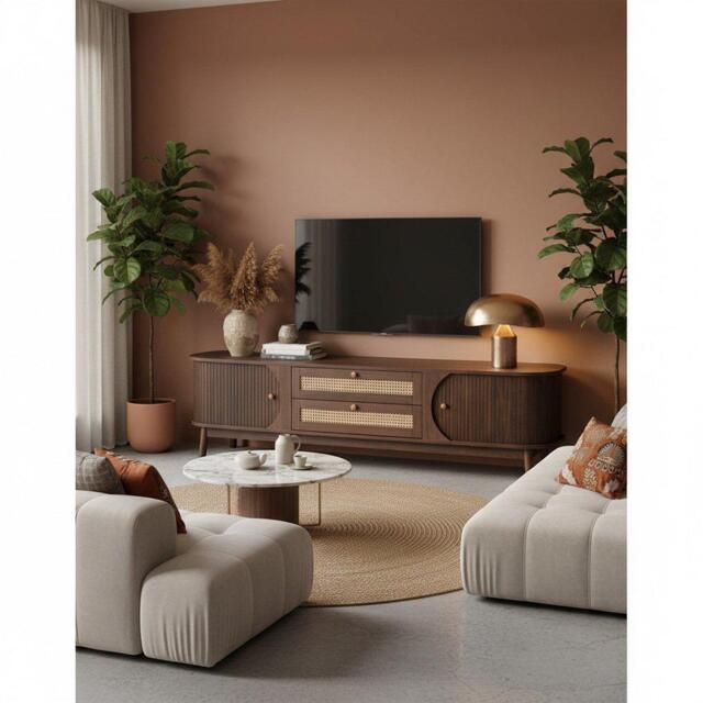 Urban Meuble Brown Wood TV Stand Rattan Panels Ample Storage - image 1