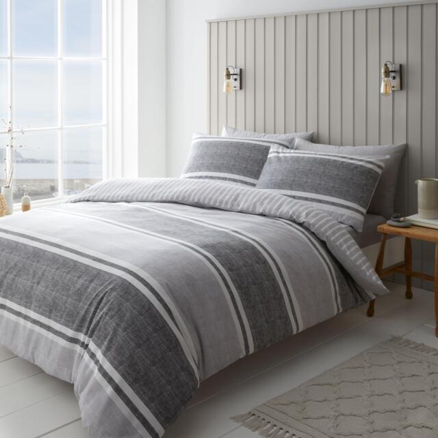 Catherine Lansfield Textured Banded Stripe Reversible Duvet Cover Set - image 1