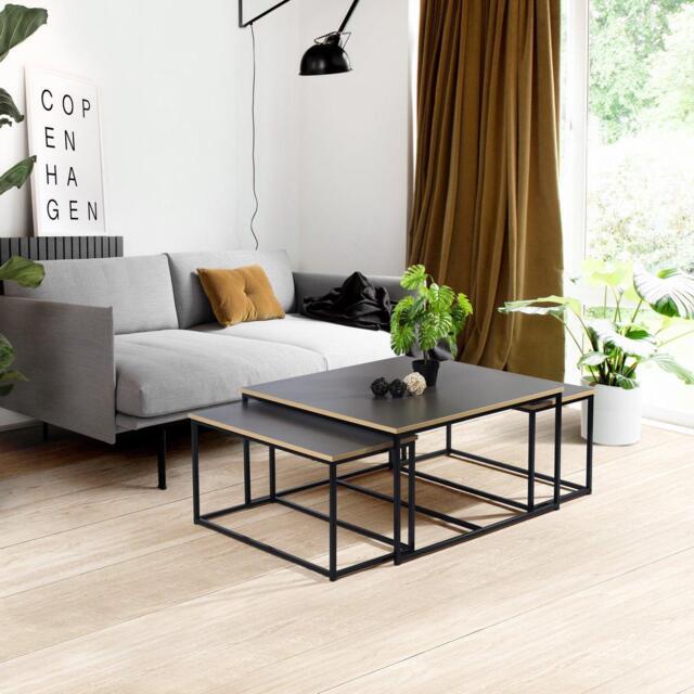 FurnitureR RICKY Black and Wooden Coffee Table Set of 3 - image 1