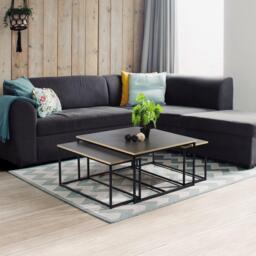 FurnitureR RICKY Black and Wooden Coffee Table Set of 3 - thumbnail 3