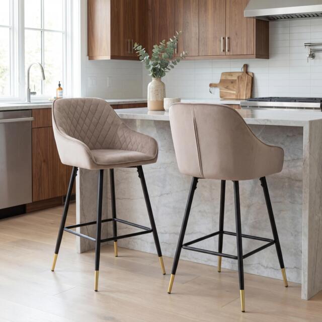 Shankar Set of 2 Savanna Brushed Velvet Mink Bar Stools - image 1